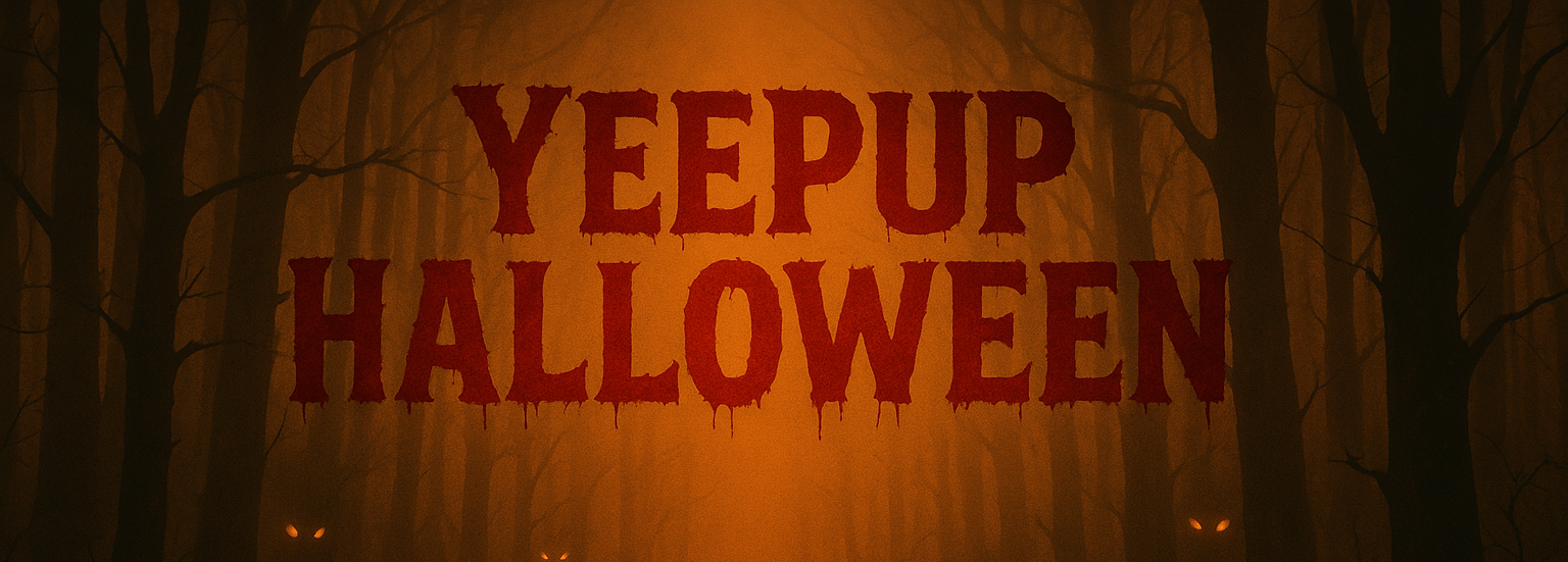 Halloween-themed image with pumpkins and text 'YEEPUP HALLOWEEN' in a dark forest setting.