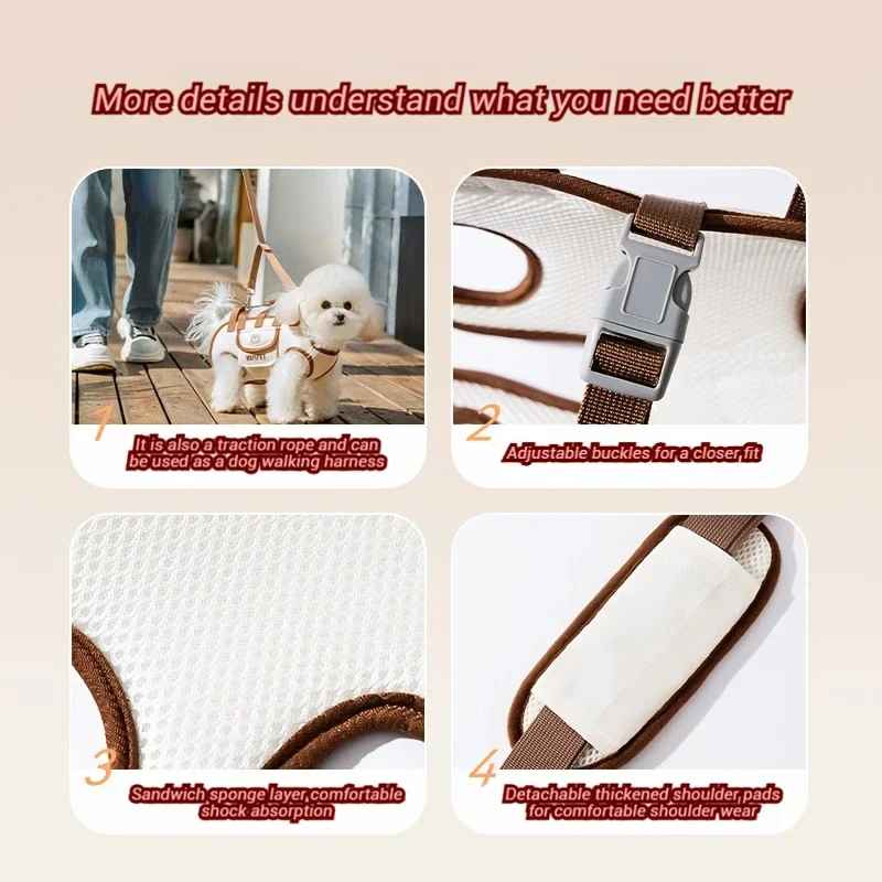 Dog walking harness with features highlighted on a beige background