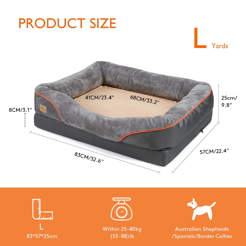Dog bed with dimensions and product size label on a white background