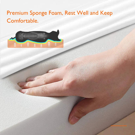 Hand pressing onto a cushion with text about premium sponge foam
