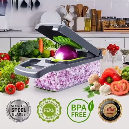Vegetable chopper with chopped onions on a kitchen counter, surrounded by fresh vegetables.