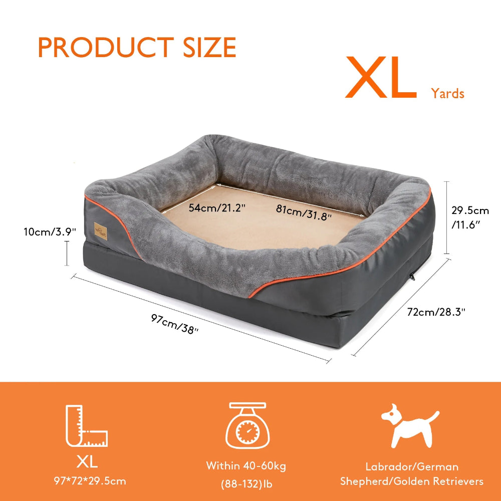 Gray pet bed with dimensions and size label on a white background