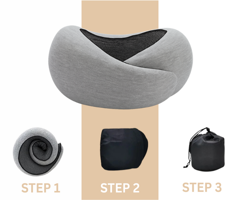 Collapsible travel pillow with packaging steps on a beige background